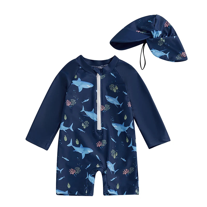 Long Sleeve Half Zip-up Bathing Suit with Sun Hat 2 Pcs