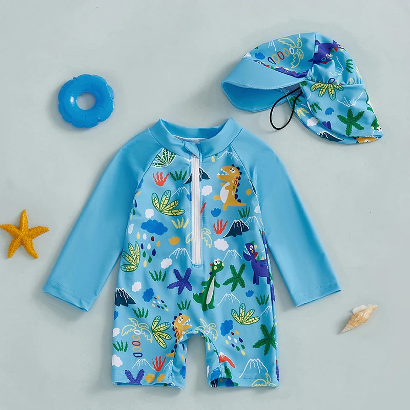 Long Sleeve Half Zip-up Bathing Suit with Sun Hat 2 Pcs