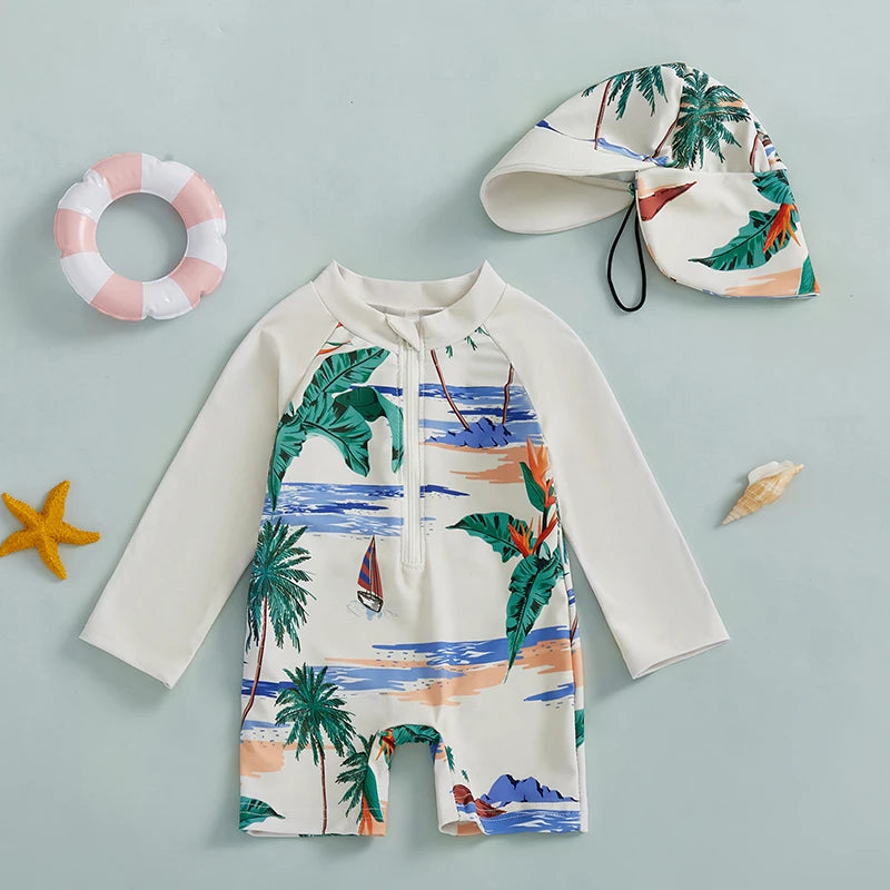 Long Sleeve Half Zip-up Bathing Suit with Sun Hat 2 Pcs