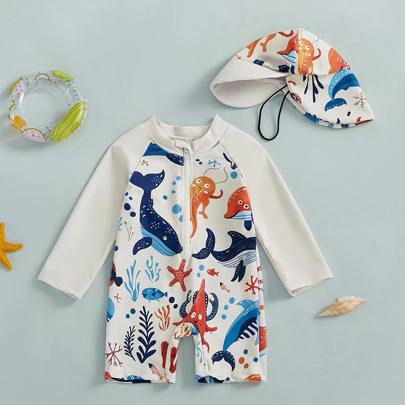 Long Sleeve Half Zip-up Bathing Suit with Sun Hat 2 Pcs