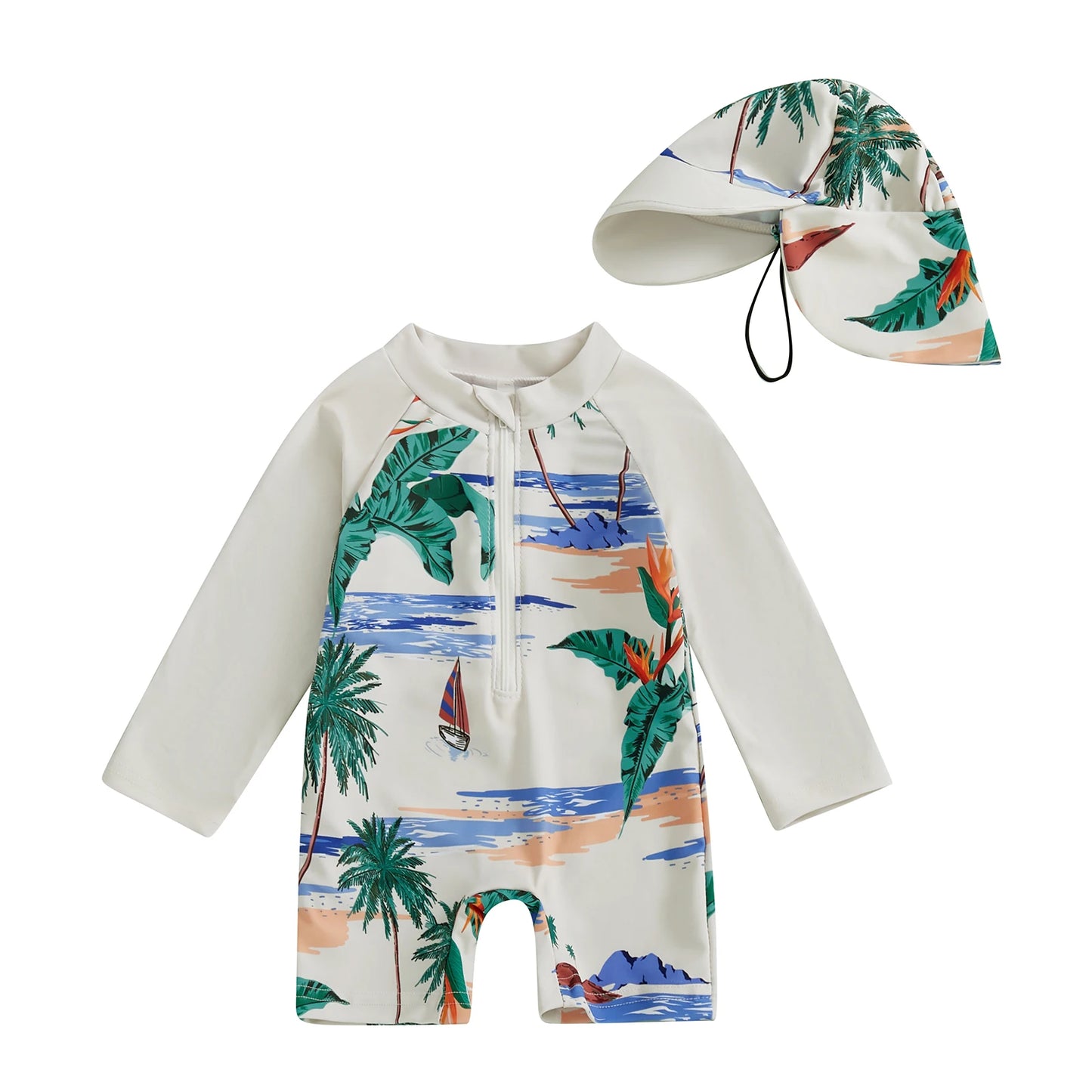 Long Sleeve Half Zip-up Bathing Suit with Sun Hat 2 Pcs