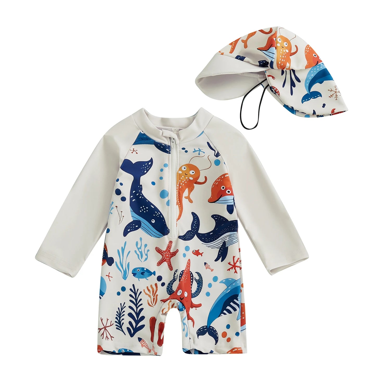 Long Sleeve Half Zip-up Bathing Suit with Sun Hat 2 Pcs