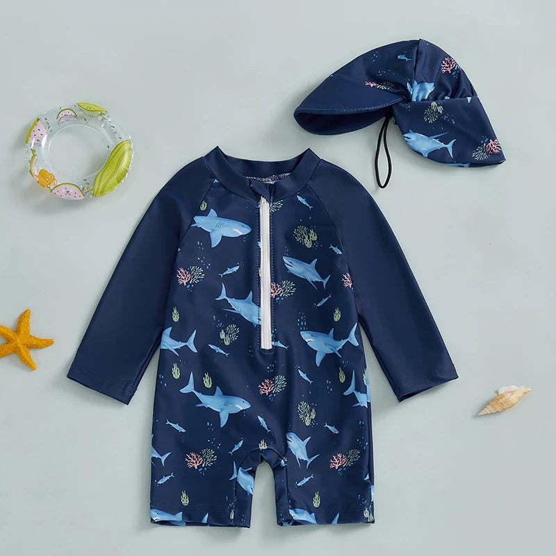 Long Sleeve Half Zip-up Bathing Suit with Sun Hat 2 Pcs