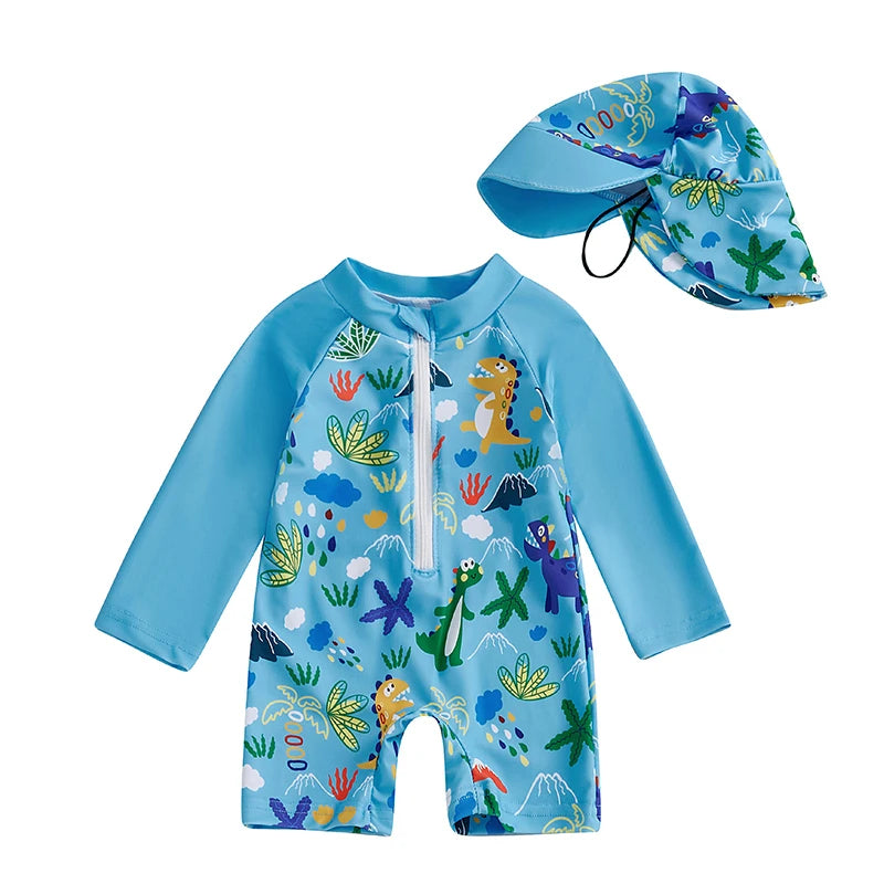 Long Sleeve Half Zip-up Bathing Suit with Sun Hat 2 Pcs